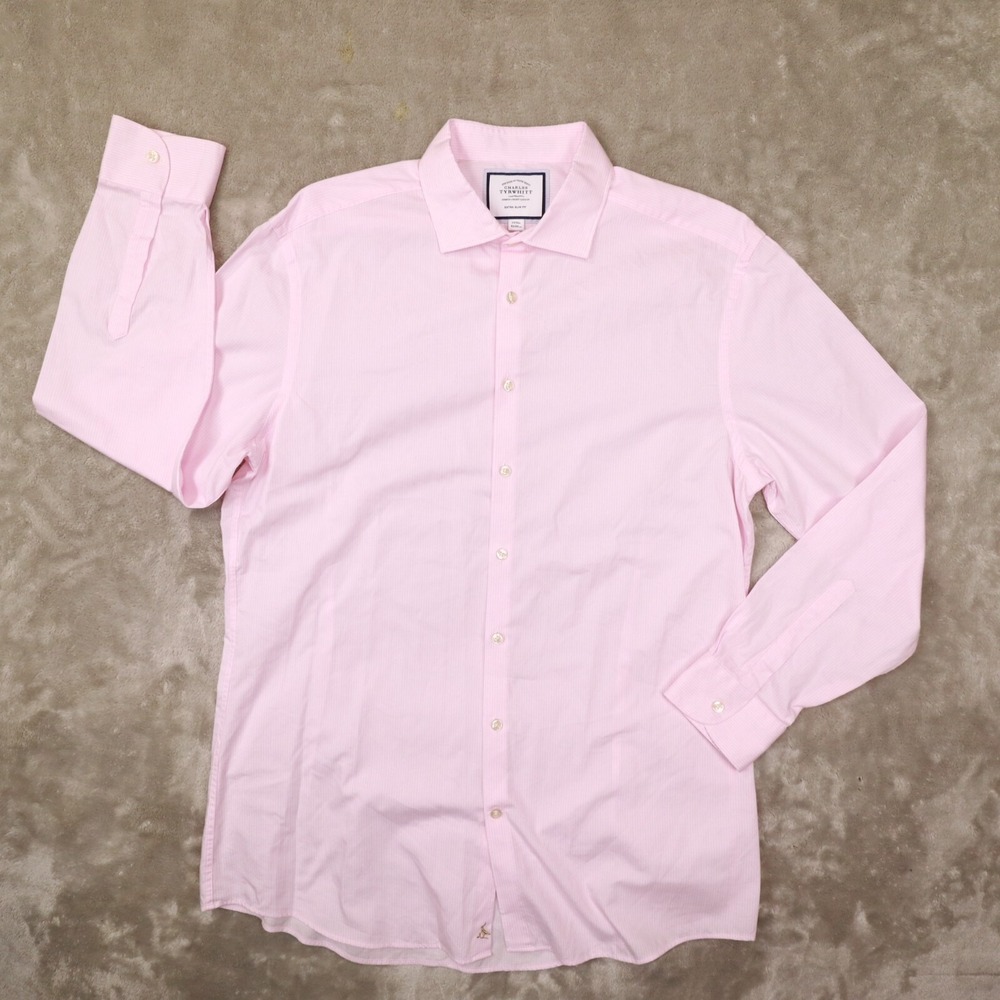Charles Tyrwhitt Men's Pink Striped Extra Slim Fit Dress Shirt size 17/35